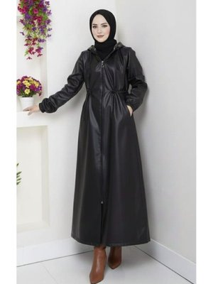 Harmatime butik Kapüşonlu Fermuarlı İçi Şardonlu Siyah Deri Kap
