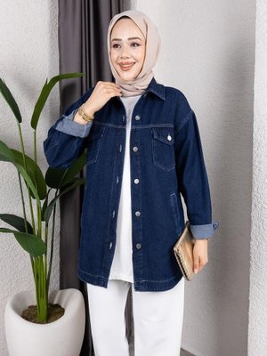 Harmatime butik Yıkamalı Cepli Denim Kot Lacivert Ceket