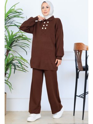 Benguen Kahverengi Düğme Detaylı Triko Takım