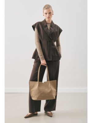 MANUKA Acı Kahve Dökümlü Tencel Kemerli Yelek