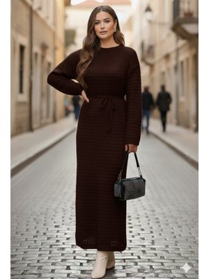 Benguen Kahverengi Palmiye Fileli Triko Elbise