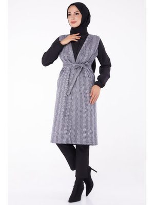 Tofisa Grı Gri Desenli Kuşaklı Yelek