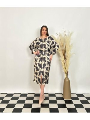 De White`s Siyah Büyük Beden Önden Küçük Yırtmaçlı Kemerli Elbise