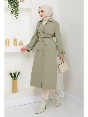InStyle Taşlı Toka Detaylı Astarlı Açık Haki Trençkot