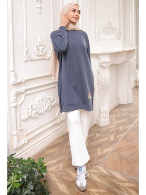 İmaj Butik Antrasit Bisiklet Yaka Armalı Tunik