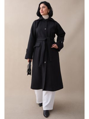 InStyle Yakası Apoletli Kapak Cep Siyah Kaşe Kaban