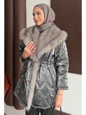 Podyumplus Antrasit Kürk Yakalı Mont