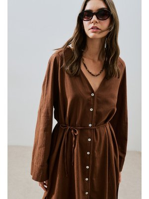 MANUKA Kahverengi Dokulu Düğmeli Uzun Tunik