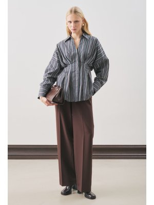MANUKA Pile Detaylı Gömlek Kahve Çizgili