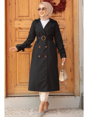 Neva Style Tokalı Kemerli Siyah Trençkot 5942s