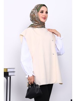 İmaj Butik Krem Çıtçıt Detaylı Kaşe Yelek