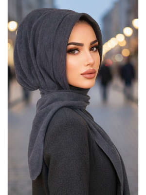 AİŞE TESETTÜR Antrasit Kapüşonlu Kışlık Çıtçıtlı Şal