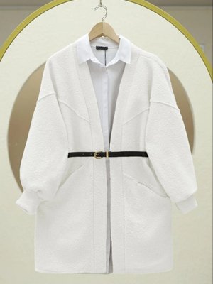 Podyumplus Beyaz Cepli Balon Kol Oversize Buklet Ceket