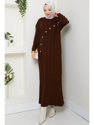 Pamuk Butik Taş Detaylı Büyük Beden Fitilli Uzun Triko Elbise