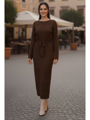 Benguen Kahverengi Baklava Desenli Fileli Triko Elbise