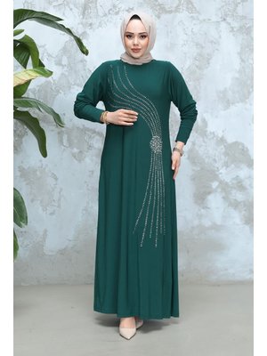 Neva Style Boncuk İşlemeli Zümrüt Yeşili Elbise 9345zy