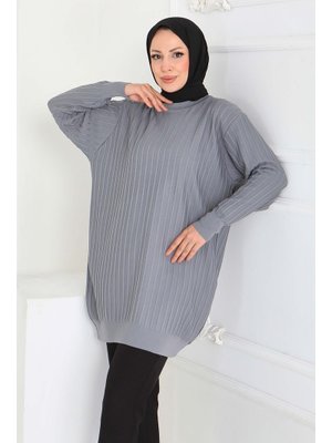 Tofisa Gri Grı Çima Detaylı Triko Tunik