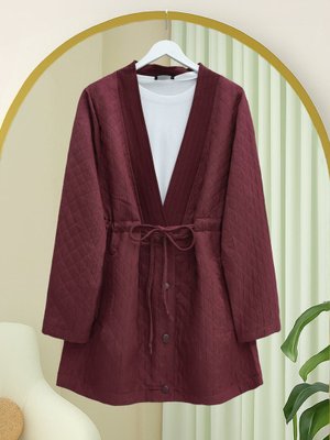 Podyumplus Bordo V Yaka Beli Bağcıklı Cepli Düğmeli Kap