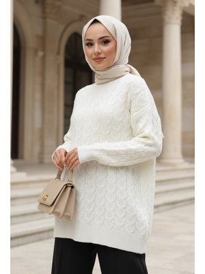 Neva Style Örgü Detaylı Krem Triko Kazak Tunik 8652kr