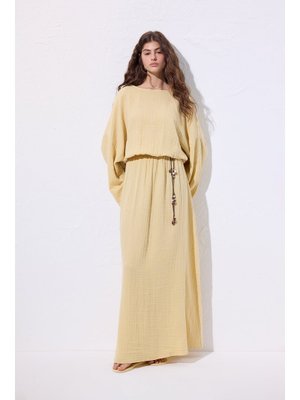 MANUKA Sarı Müslin Beli Büzgülü Elbise
