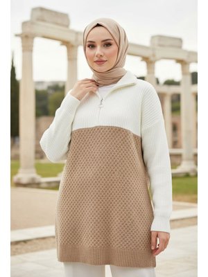 Neva Style Blok Renkli Camel Triko Kazak Tunik 87501c