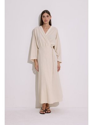 MANUKA Dokulu Kruvaze Kapamalı Elbise Natural
