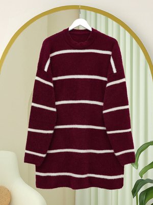 Podyumplus Bordo Çizgili Salaş Sakallı Triko Tunik