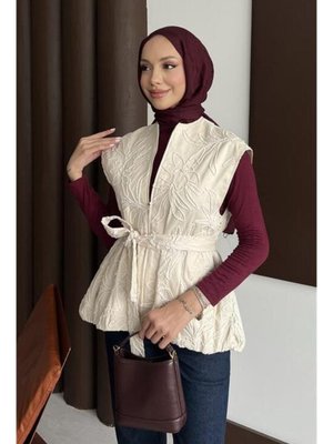 Podyumplus Nakışlı Uzun Yelek