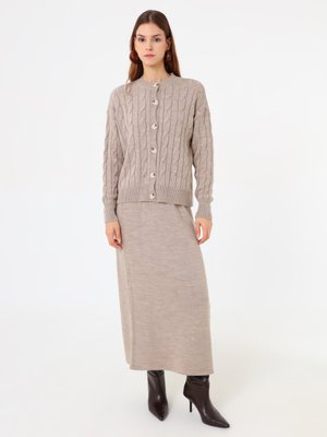 Refka Vizon Saç Örgü Desenli Hırka & Etek Triko Takım