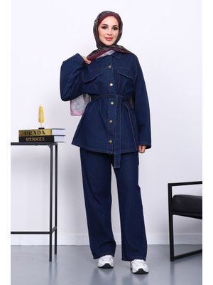 İmaj Butik Lacivert Bel Kuşaklı Pantolonlu Kot Takım