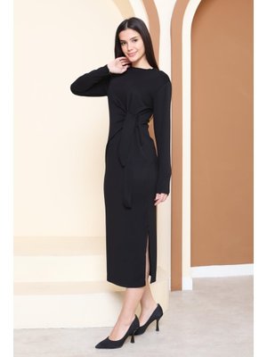 Tofisa Sıyah Siyah Yandan Bağlama Detaylı Modal Elbise