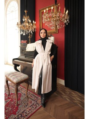 Bwest Ekru Belden Bağcıklı Kolsuz Uzun Kürk Yelek