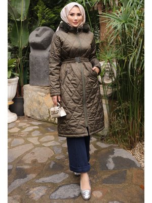 İmaj Butik Haki Kapüşonlu Fermuarlı Kapitone Mont