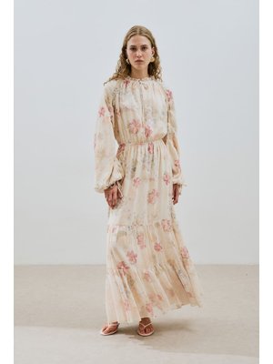 MANUKA Uzun Büzgülü Şifon Elbise Roses Butterfly