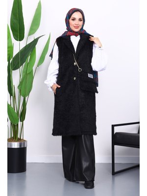 İmaj Butik Siyah Çanta Hadiyeli Angora Pelüş Kürk Yelek