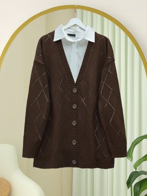 Podyumplus Kahve Ajurlu Baklava Desenli Triko Hırka