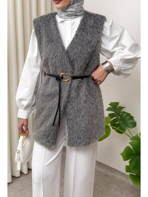 Salih Çelebi Gri Kemerli Kürk Yelek