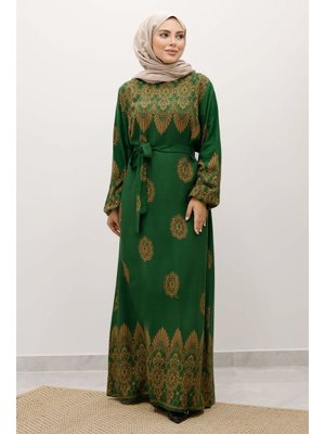 Tesettür Dünyası Yeşil Çini Desenli Viskon Elbise