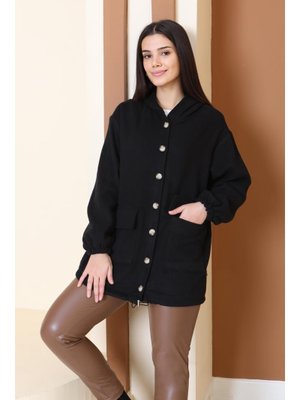 Tofisa Siyah Sıyah Çift Cepli Bileği Lastikli Kaşe Mont