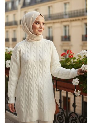Neva Style Örgü Detaylı Krem Triko Kazak Tunik 8263kr