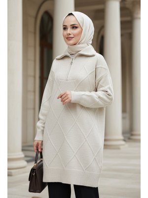 Neva Style Baklava Detaylı Bej Triko Kazak Tunik 83961bej