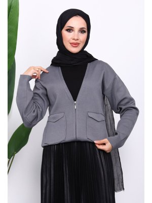 İmaj Butik Füme Çift Cepli Fermuarlı Triko Hırka