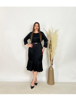 De White`s Siyah Büyük Beden Alt Etek Kısmı Balık Detaylı Kemerli Elbise