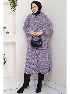 Bestenur Lila Çizgi Detay Kapüşonlu Kaşe Kap