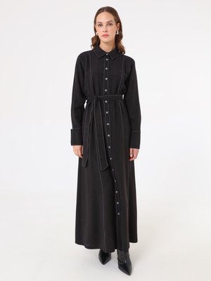 Refka Siyah Kontras Dikiş Detaylı Geniş Manşetli Elbise