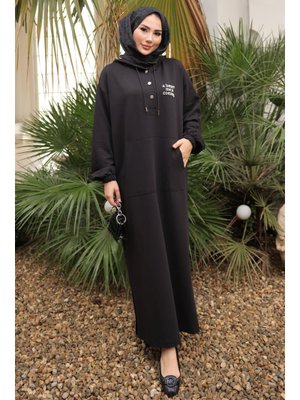 İmaj Butik Siyah Baskılı Kapüşonlu İki İplik Elbise