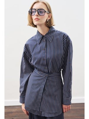 MANUKA Lacivert Çizgili Bağlama Aksesuarlı Gömlek