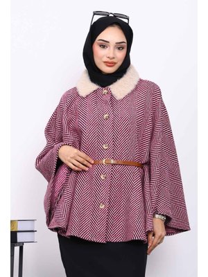 İmaj Butik Pembe Yaka Kürklü Kemerli Panço