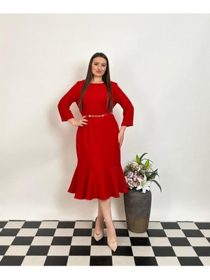 De White`s Kırmızı Büyük Beden Alt Etek Kısmı Balık Detaylı Kemerli Elbise