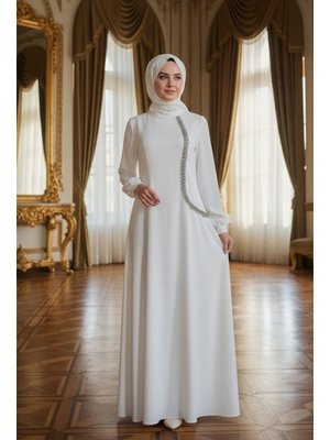Neva Style Boncuk Detaylı Ekru Saten Abiye Elbise 62281e
